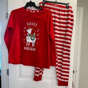 Women’s Christmas fleece pajamas Red and White candy Striped Pants Lama Sz L 2x